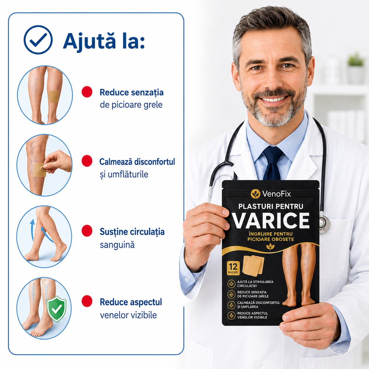 Set 12 Plasturi pentru Varice VenoFix™ – Îngrijire Circulație & Picioare Ușoare